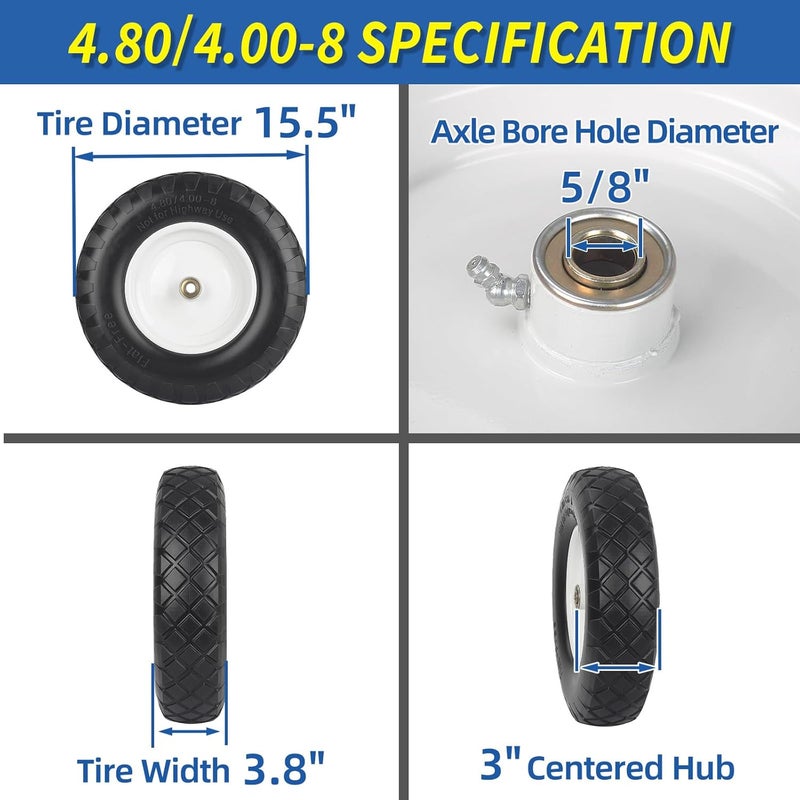 GICOOL 4.80/4.00-8" Wheelbarrow Tire, 16" Flat-Free Solid Tire and Wheel, 3-6" Centered Hub, 5/8" & 3/4" Bearing, For Broadcast Spreader Garden Wagon Cart Trolley Dolly (1 Pack) - Image 2